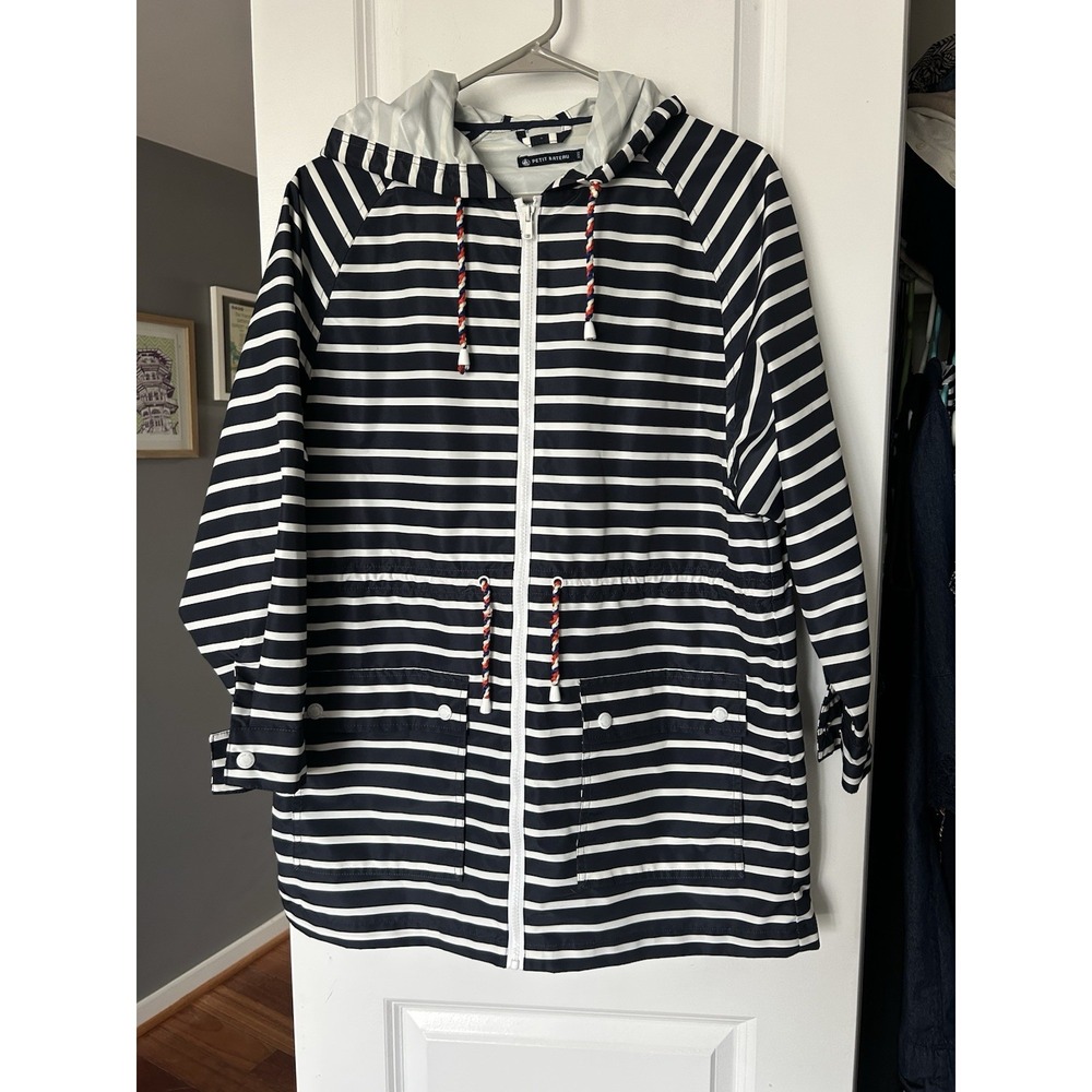 Petit Bateau Women's Raincoat Blue White Striped Hooded Rain Jacket Size Small